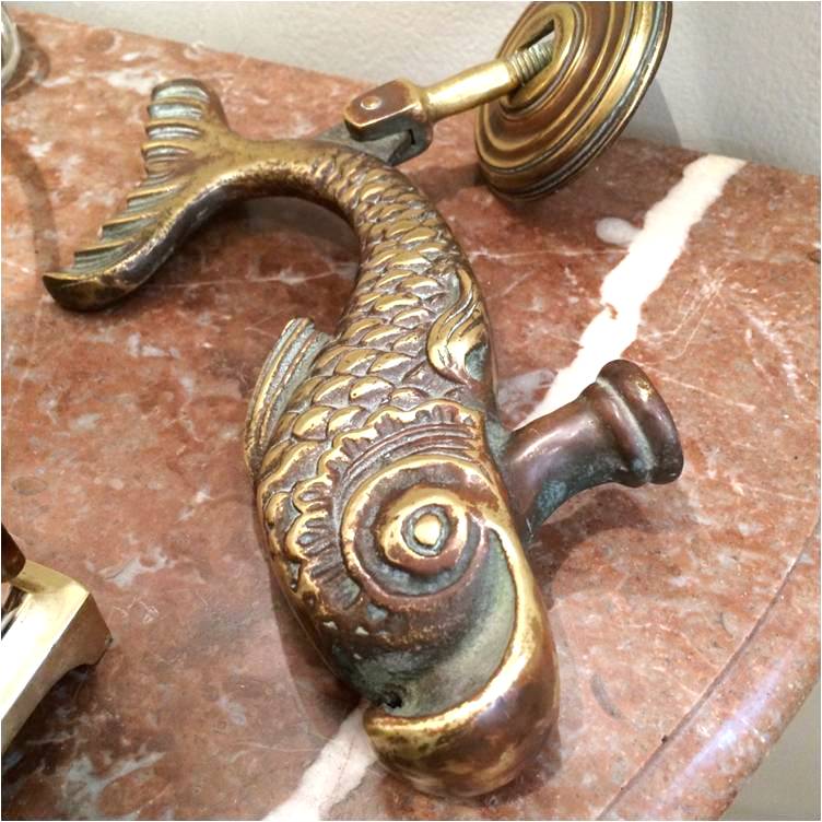 door knocker, fish motif, antique brass, brass hardware, georgetown antique shops, huntley & co. interior design