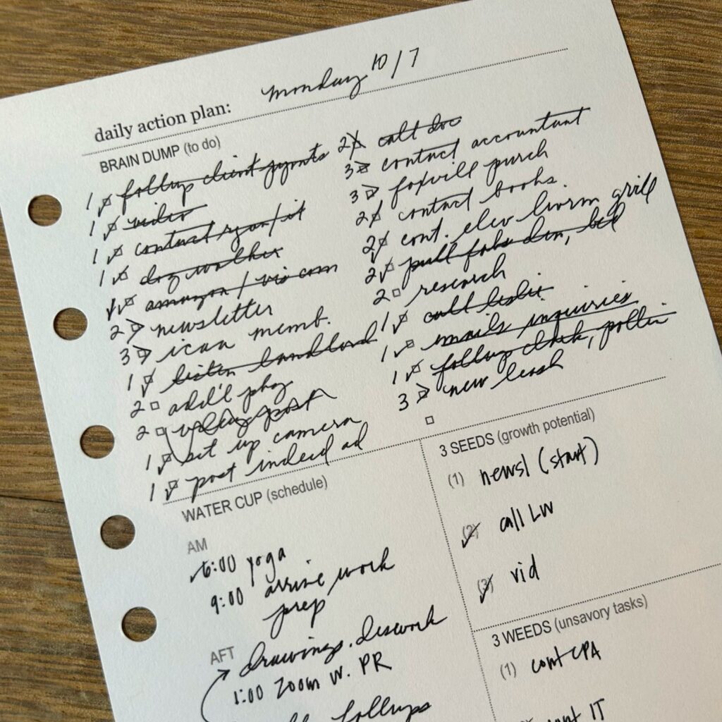 daily planner page showing handwritten notes of to-do's, schedule, and piorities