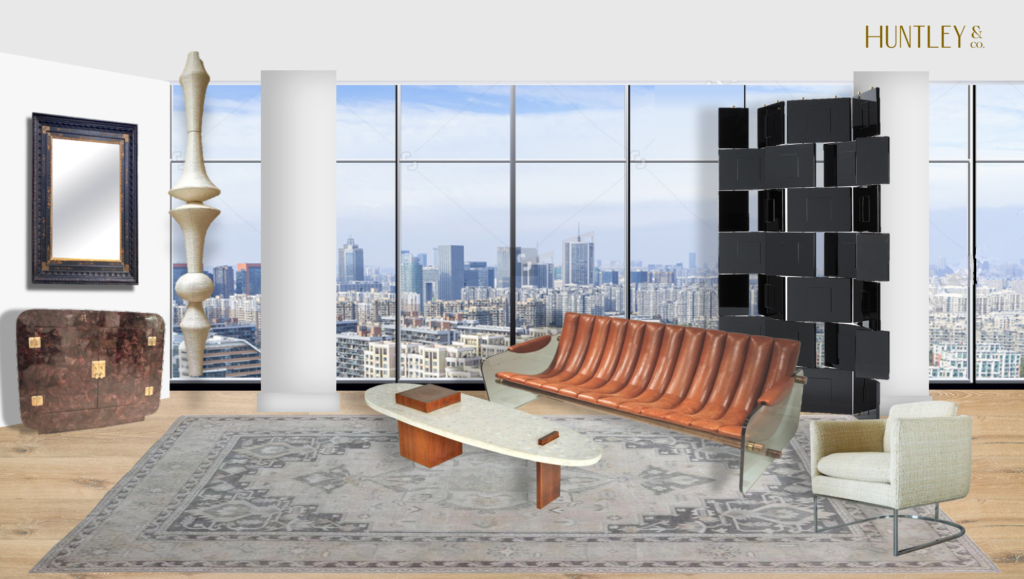 Design rendering of a penthouse living room surrounded by windows with modern furnishings including a screen, sofa, armchair, table, and cabinet on top of an oushk rug.