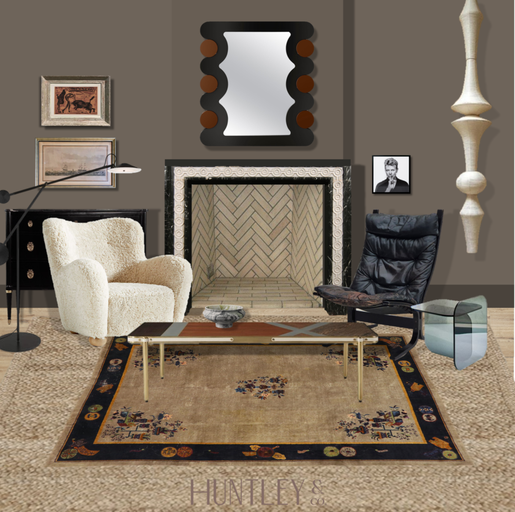 A static 3D design of a room (den) with dark walls, a fireplace, furniture, lighting, and rugs designed by Huntley & Co.