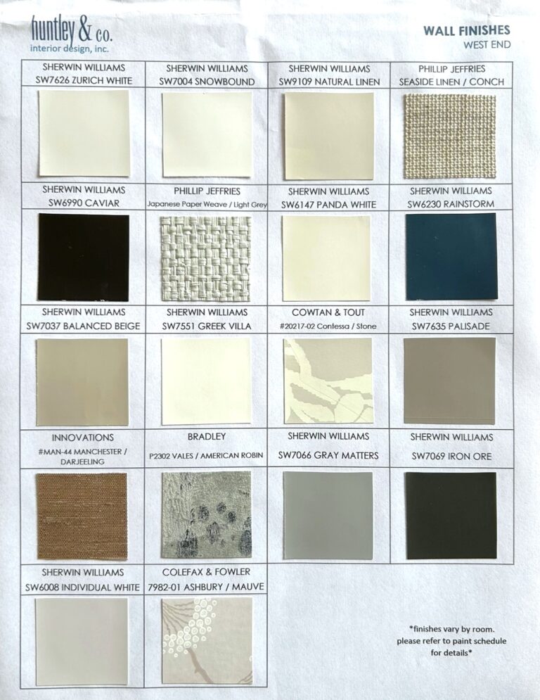 page of paint chip and wallcovering samples for a Huntley & Co. Arlington VA project.