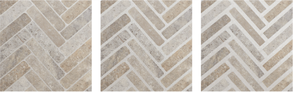 3 herringbone stone tile pattens with varying grout line widths