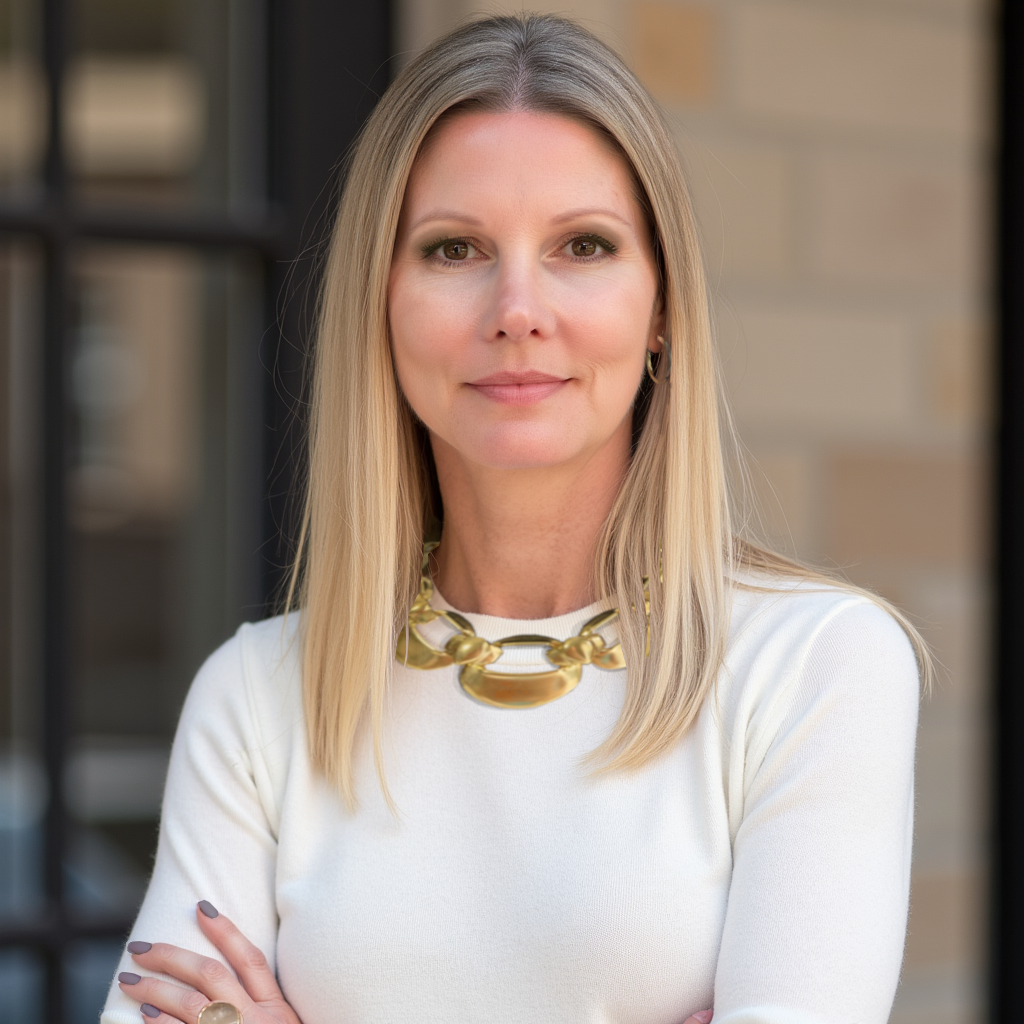 portrait of Tricia Huntley in white sweater with arms crossed