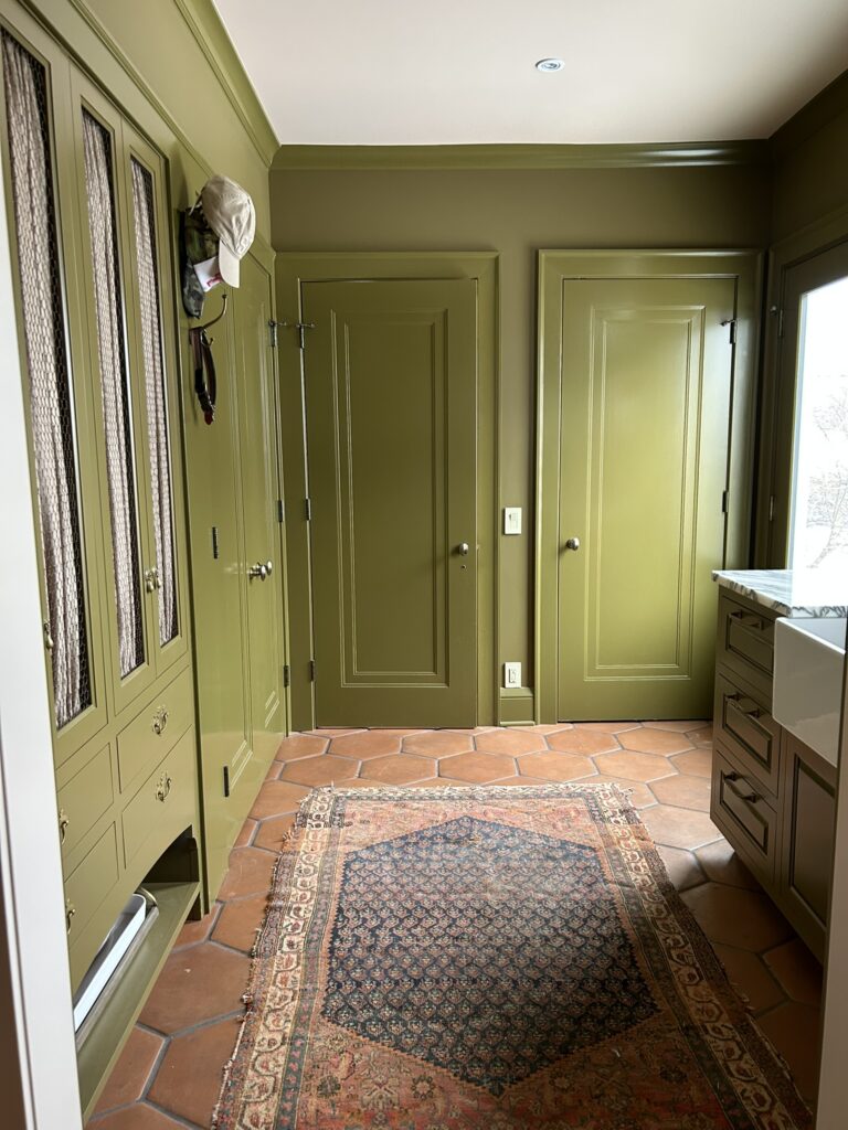 mudroom painted green with doors, cabinet, sink, and exterior door