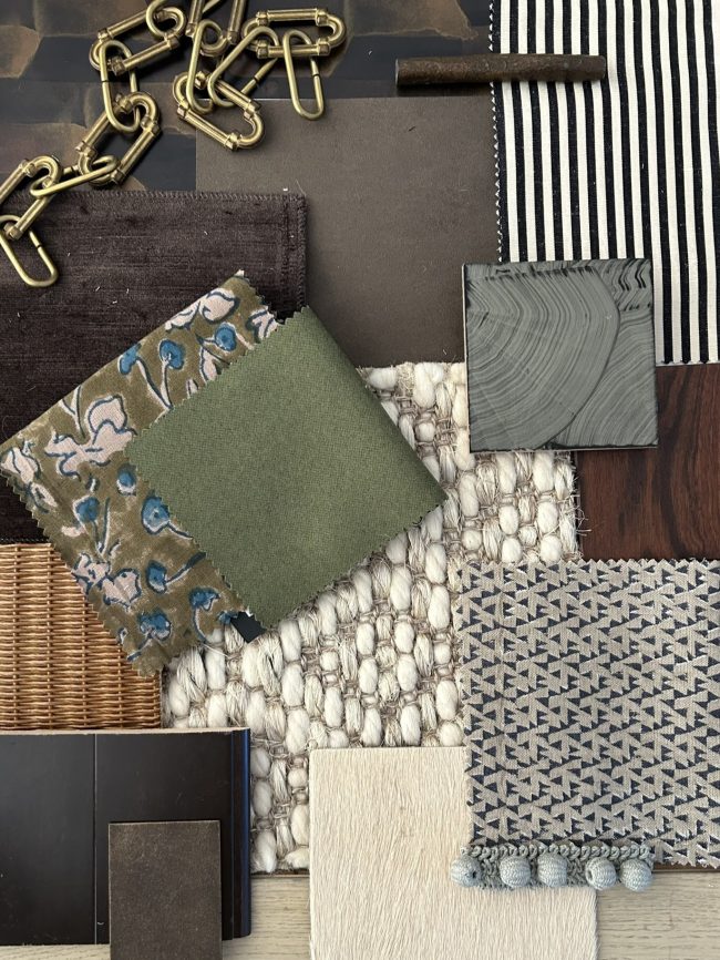 interior design scheme that includes fabrics and metals including brown velvet, brass chain, green limousine cloth, rattan, and a wool/sisal blend carpet.