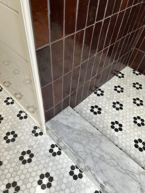 A bathroom with shower showing the various tile types on walls, floor, and threshold, and how they all intersect.