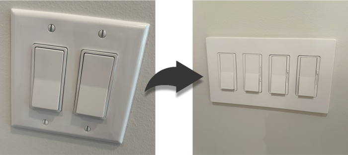 two photos of 2 types of lightswitch plates with arrow between