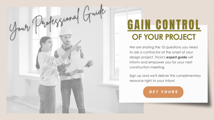 lead magnet web page for interior design with a photo of a woman with her contractor on a job site, text, and instructions about downloading