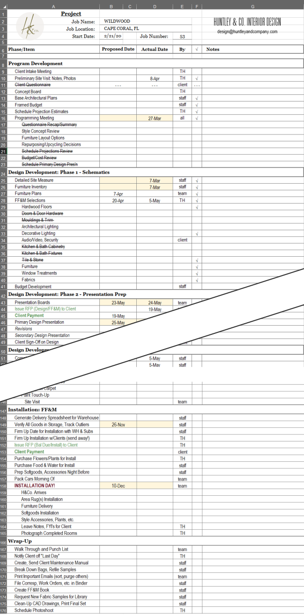 Huntley & Co. production schedule created in Excel