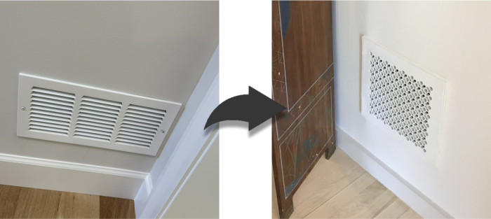 comparison of two types of vent covers - a commercial version at left and a custom style at right